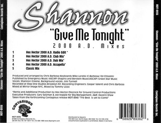 Shannon : Give Me Tonight (2000 A.D. Mixes) (CD, Maxi)