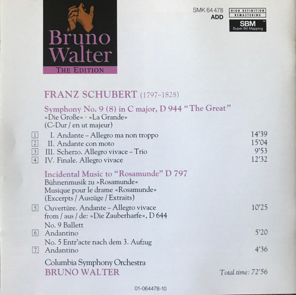 Franz Schubert, Columbia Symphony Orchestra, Bruno Walter : Symphony No. 9 (8) "The Great" • Rosamunde (Excerpts) (CD, Album, Comp, RE)