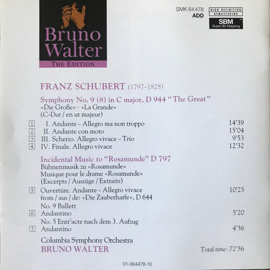 Franz Schubert, Columbia Symphony Orchestra, Bruno Walter : Symphony No. 9 (8) "The Great" • Rosamunde (Excerpts) (CD, Album, Comp, RE)