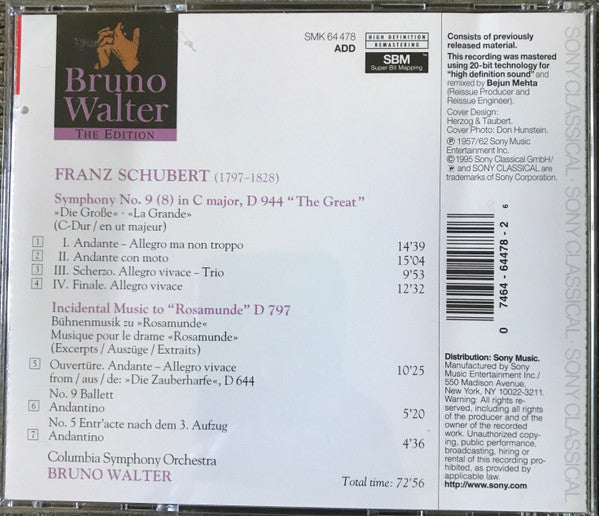 Franz Schubert, Columbia Symphony Orchestra, Bruno Walter : Symphony No. 9 (8) "The Great" • Rosamunde (Excerpts) (CD, Album, Comp, RE)