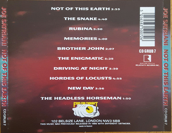 Joe Satriani : Not Of This Earth (CD, Album, RE)