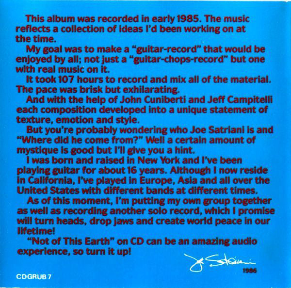 Joe Satriani : Not Of This Earth (CD, Album, RE)