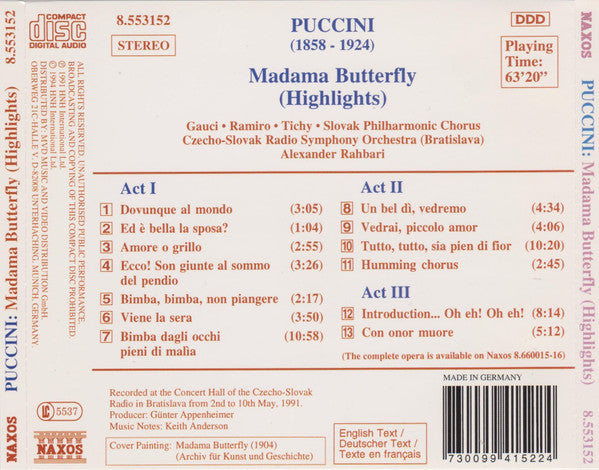 Giacomo Puccini, Miriam Gauci, Yordy Ramiro, Georg Tichy, Slovak Philharmonic Chorus, Slovak Radio Symphony Orchestra, Alexander Rahbari : Madama Butterfly (CD, Album)