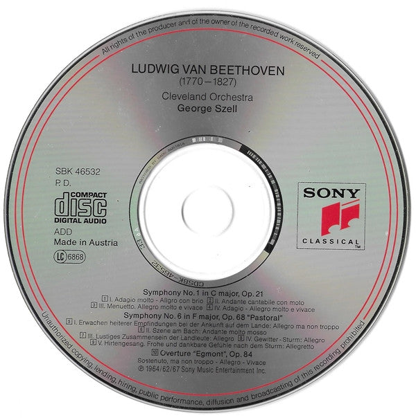 Ludwig van Beethoven, The Cleveland Orchestra, George Szell : Symphony No. 1, Symphony No. 6 "Pastoral", "Egmont" Overture (CD, Comp, RM)