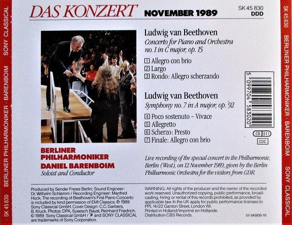 Ludwig van Beethoven, Berliner Philharmoniker, Daniel Barenboim : Das Konzert - November 1989 (CD, Album)