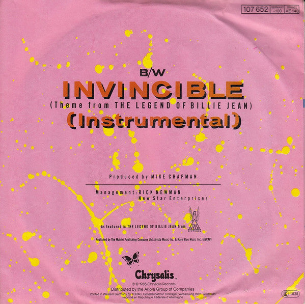 Pat Benatar : Invincible (Theme From The Legend Of Billie Jean) (7", Single)
