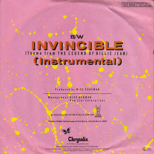 Pat Benatar : Invincible (Theme From The Legend Of Billie Jean) (7", Single)
