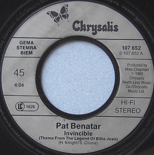 Pat Benatar : Invincible (Theme From The Legend Of Billie Jean) (7", Single)