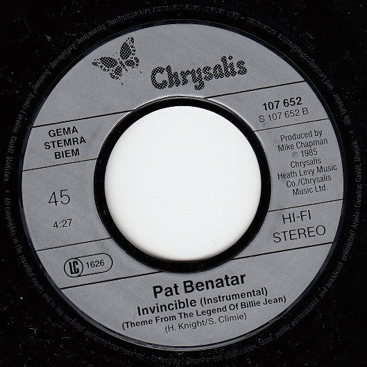 Pat Benatar : Invincible (Theme From The Legend Of Billie Jean) (7", Single)