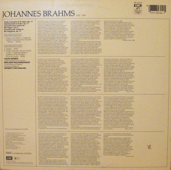 Berliner Philharmoniker, Herbert Von Karajan, Gidon Kremer, Johannes Brahms : Violin Concerto In D Major, Op. 77 (LP, RM)