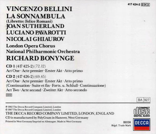 Vincenzo Bellini / Joan Sutherland • Luciano Pavarotti • Nicolai Ghiaurov - National Philharmonic Orchestra, Richard Bonynge : La Sonnambula (2xCD + Box, Album, RE, Sli)