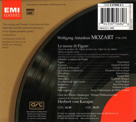 Wolfgang Amadeus Mozart - Erich Kunz • Irmgard Seefried • George London (2) • Elisabeth Schwarzkopf • Sena Jurinac • Wiener Staatsopernchor • Wiener Philharmoniker • Herbert von Karajan : Le Nozze Di Figaro (2xCD, Album, Mono, RE, RM + Box, Sli)