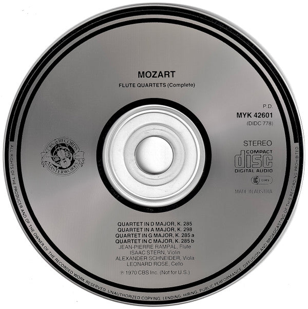 Wolfgang Amadeus Mozart - Jean-Pierre Rampal, Isaac Stern, Alexander Schneider, Leonard Rose : Complete Flute Quartets (CD, Album, RE)