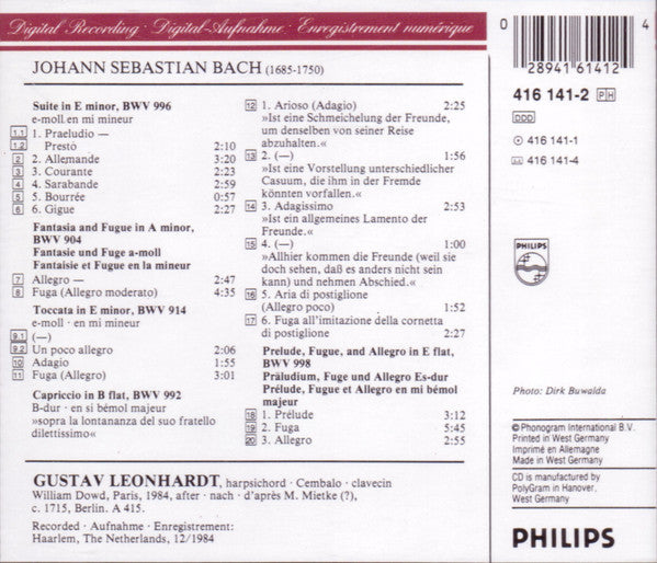 J. S. Bach*, Gustav Leonhardt : Suite BWV 996 · Toccata BWV 914 · Capriccio BWV 992 · Fantasia & Fugue BWV 904 · Prelude, Allegro, & Fugue BWV 998 (CD, Album, RE, PDO)