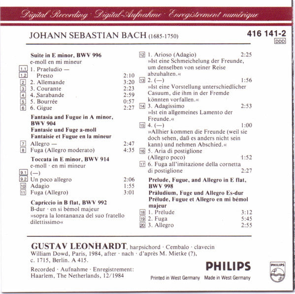 J. S. Bach*, Gustav Leonhardt : Suite BWV 996 · Toccata BWV 914 · Capriccio BWV 992 · Fantasia & Fugue BWV 904 · Prelude, Allegro, & Fugue BWV 998 (CD, Album, RE, PDO)