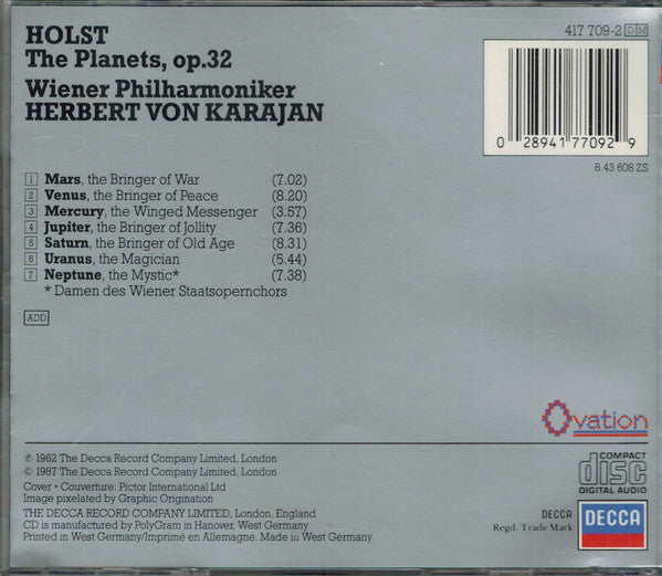 Gustav Holst - Wiener Philharmoniker, Herbert von Karajan : The Planets (CD, Album, RE, RM)