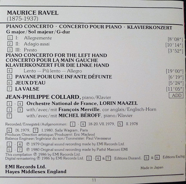 Maurice Ravel - Jean-Philippe Collard / Lorin Maazel, Orchestre National De France : Les Deux Concertos Pour Piano (CD, Comp, RM)