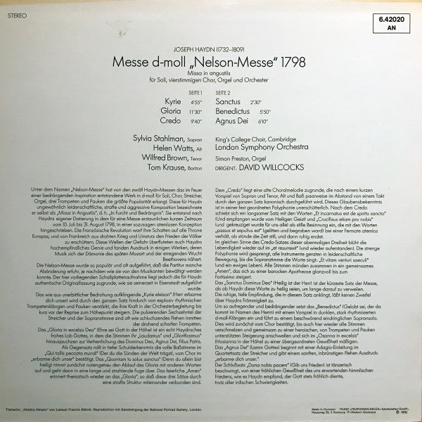 Joseph Haydn - Sylvia Stahlman ∙ Helen Watts ∙ Wilfred Brown ∙ Tom Krause ∙ The King's College Choir Of Cambridge ∙ London Symphony Orchestra ; David Willcocks : Nelson-Messe (LP)