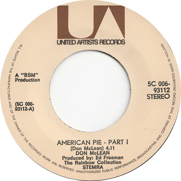 Don McLean : American Pie - Part 1 / American Pie - Part 2 (7", Single, Pin)