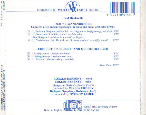 Paul Hindemith, László Bársony, Miklós Perényi : Viola & Cello Concertos (CD, RM)