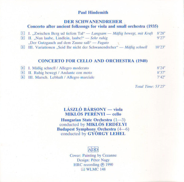 Paul Hindemith, László Bársony, Miklós Perényi : Viola & Cello Concertos (CD, RM)