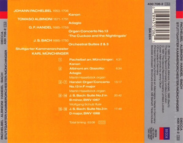 Johann Pachelbel • Tomaso Albinoni • Georg Friedrich Händel • Johann Sebastian Bach, Stuttgarter Kammerorchester, Karl Münchinger : Kanon • Adagio • Suites 2 & 3 • Organ Concerto No. 13 (CD, Comp)