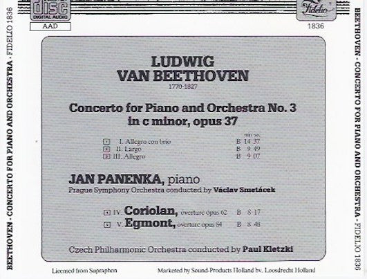 Ludwig van Beethoven, Jan Panenka, The Prague Symphony Orchestra, Václav Smetáček : Piano Concerto No. 3 In C Minor, Op. 37 / Corolian / Egmont Overtures (CD, Album)