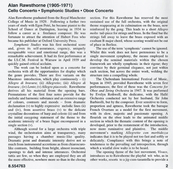 Alan Rawsthorne, Alexander Baillie, Stéphane Rancourt, Royal Scottish National Orchestra, David Lloyd-Jones : Cello Concerto / Oboe Concerto / Symphonic Studies (CD)