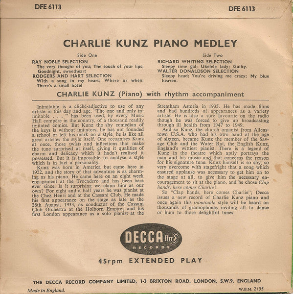 Charlie Kunz : Piano Medley (7", EP, Tri)