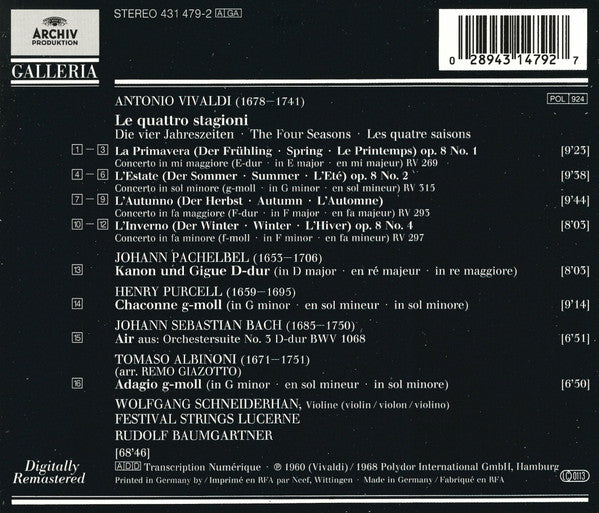 Antonio Vivaldi, Tomaso Albinoni, Johann Sebastian Bach, Johann Pachelbel, Henry Purcell – Wolfgang Schneiderhan, Festival Strings Lucerne, Rudolf Baumgartner : Le Quattro Stagioni (CD, Comp, RM, RP)