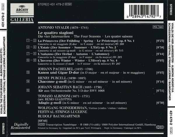 Antonio Vivaldi, Tomaso Albinoni, Johann Sebastian Bach, Johann Pachelbel, Henry Purcell – Wolfgang Schneiderhan, Festival Strings Lucerne, Rudolf Baumgartner : Le Quattro Stagioni (CD, Comp, RM, RP)