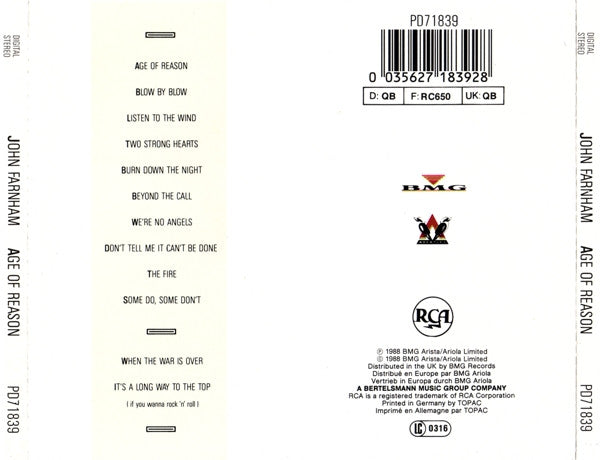 John Farnham : Age Of Reason (CD, Album)