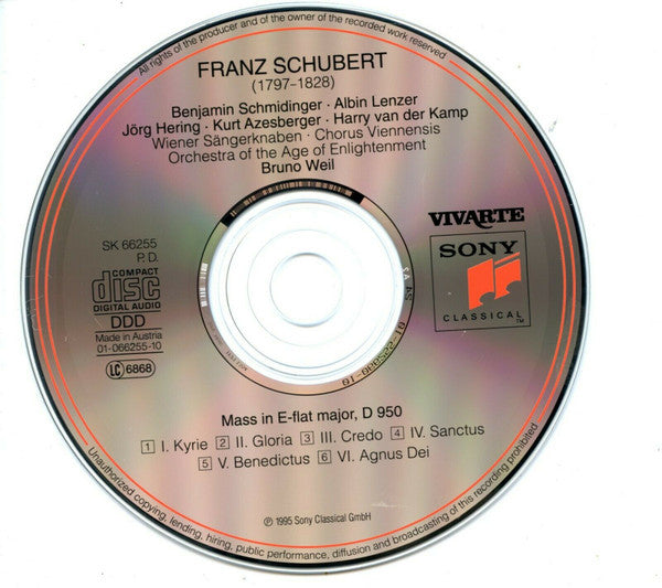 Franz Schubert - Jörg Hering ∙ Kurt Azesberger ∙ Harry van der Kamp ∙ Die Wiener Sängerknaben ∙ Chorus Viennensis ∙ Orchestra Of The Age Of Enlightenment ∙ Bruno Weil : Mass In E-Flat Major, D 950 (CD, Album)
