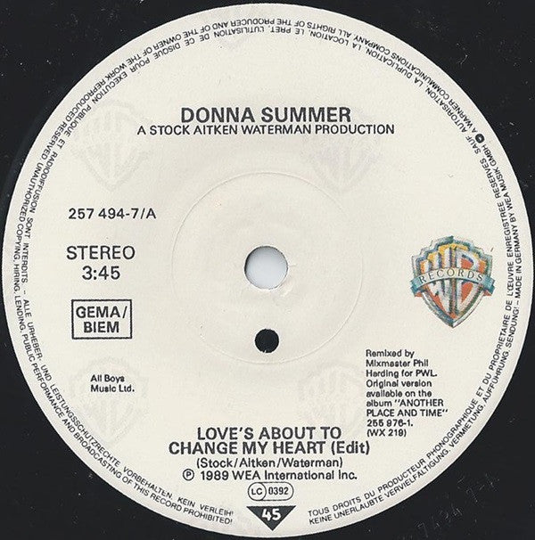 Donna Summer : Love's About To Change My Heart (7", Single)