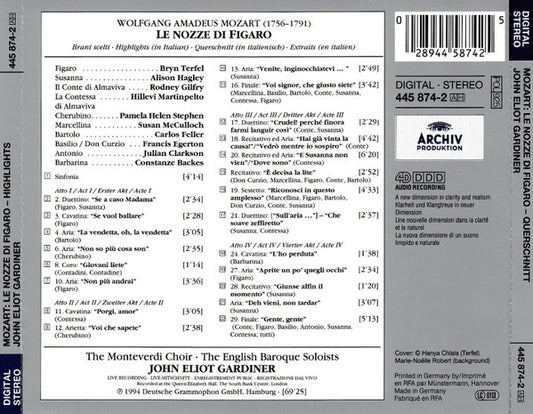 Wolfgang Amadeus Mozart | Bryn Terfel | Alison Hagley • Hillevi Martinpelto • Rodney Gilfry | Pamela Helen Stephen • Susan McCulloch • Carlos Feller | The Monteverdi Choir • The English Baroque Soloists | John Eliot Gardiner : Le Nozze Di Figaro (Highlights) (CD, Comp)