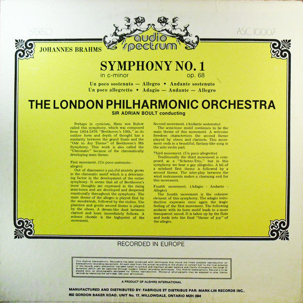 Johannes Brahms - London Philharmonic Orchestra, Sir Adrian Boult : Symphony No. 1 C Minor Opus 68 (LP)