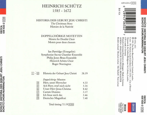 Heinrich Schütz – The Schütz Choir Of London, Roger Norrington : Historia Der Geburt Jesu Christi (The Christmas Story) • Doppelchörige Motetten (CD)