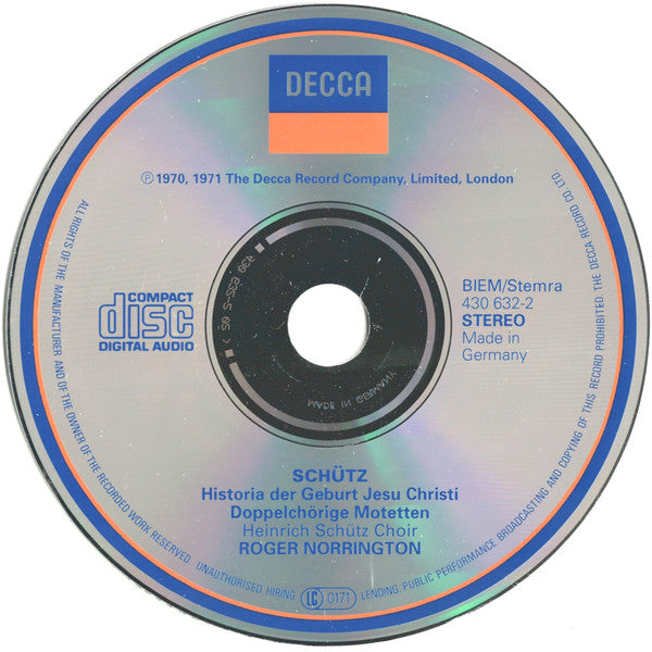Heinrich Schütz – The Schütz Choir Of London, Roger Norrington : Historia Der Geburt Jesu Christi (The Christmas Story) • Doppelchörige Motetten (CD)
