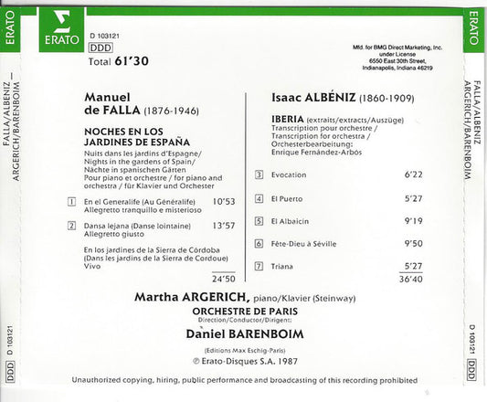 Manuel De Falla / Isaac Albéniz — Martha Argerich, Orchestre De Paris, Daniel Barenboim : Noches En Los Jardines De España • Iberia (CD, Club, RE)