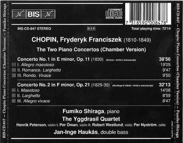 Frédéric Chopin, Fumiko Shiraga, The Yggdrasil Quartet : The Two Piano Concertos (Chamber Version) (CD, Album)