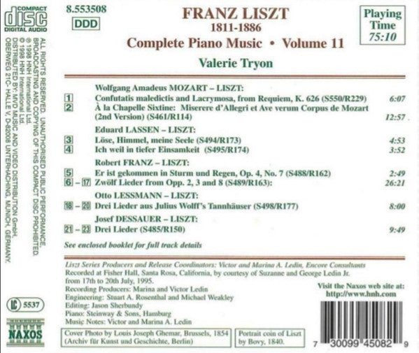 Franz Liszt, Valerie Tryon : Transcriptions Of Vocal Works By W.A. Mozart, Eduard Lassen, Robert Franz, Otto Lessmann And Josef Dessauer (CD)
