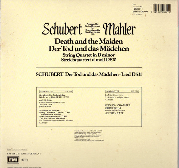 Schubert* Arranged For String Orchestra By Mahler*, Jeffrey Tate, English Chamber Orchestra / Ann Murray : Death And The Maiden = Der Tod Und Das Mädchen (String Quartet In D Minor = Streichquartett D-moll D810) / Der Tod Und Das Mädchen - Lied D531 (LP, DMM)