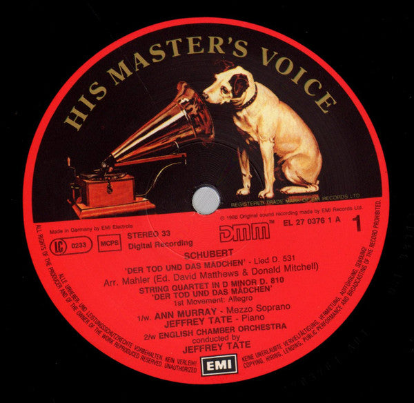 Schubert* Arranged For String Orchestra By Mahler*, Jeffrey Tate, English Chamber Orchestra / Ann Murray : Death And The Maiden = Der Tod Und Das Mädchen (String Quartet In D Minor = Streichquartett D-moll D810) / Der Tod Und Das Mädchen - Lied D531 (LP, DMM)
