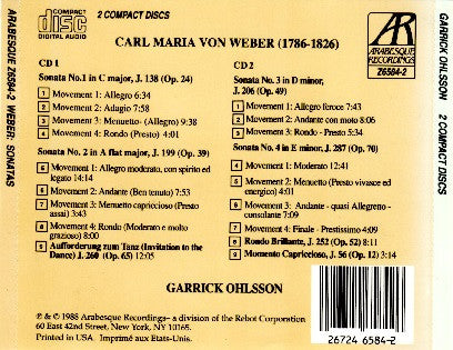 Garrick Ohlsson, Carl Maria von Weber : Carl Maria Von Weber: Complete Sonatas (2xCD, Album)