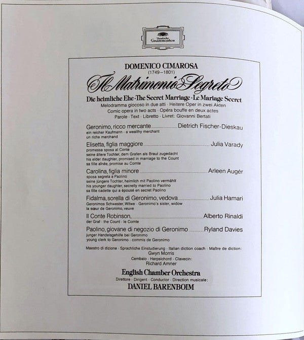 Domenico Cimarosa, Arleen Auger, Julia Hamari, Iulia Várady, Ryland Davies, Dietrich Fischer-Dieskau, Alberto Rinaldi, English Chamber Orchestra, Daniel Barenboim : Il Matrimonio Segreto = The Secret Marriage (3xLP, Album, Box)