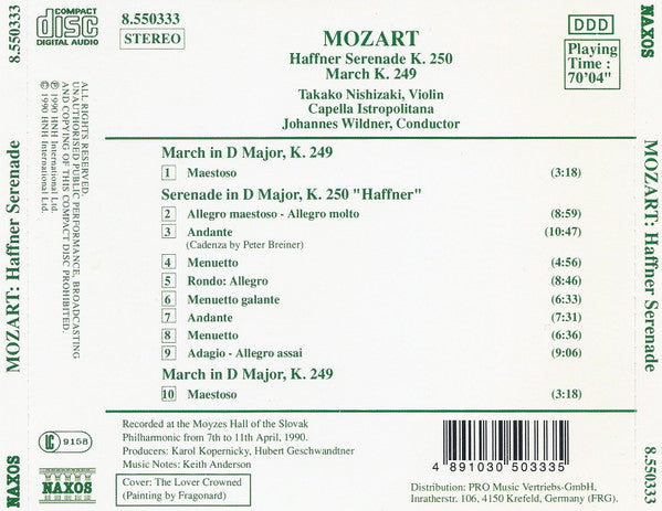 Wolfgang Amadeus Mozart, Takako Nishizaki, Capella Istropolitana, Johannes Wildner : Haffner Serenade K. 250 / March K. 249 (CD)