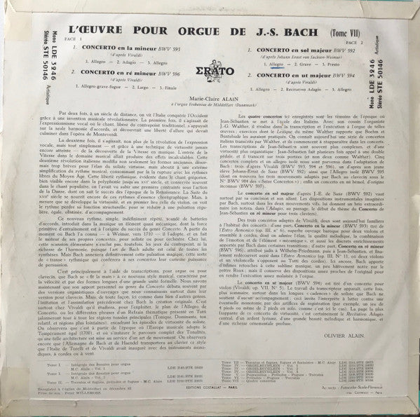 Johann Sebastian Bach, Marie-Claire Alain : L'Oeuvre Pour Orgue De J.S. Bach. Tome VII : Quatre Concertos (LP)
