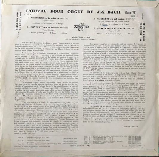 Johann Sebastian Bach, Marie-Claire Alain : L'Oeuvre Pour Orgue De J.S. Bach. Tome VII : Quatre Concertos (LP)