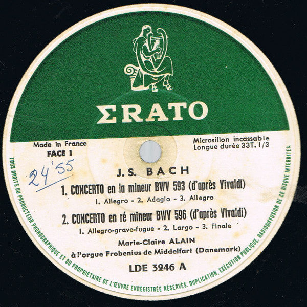 Johann Sebastian Bach, Marie-Claire Alain : L'Oeuvre Pour Orgue De J.S. Bach. Tome VII : Quatre Concertos (LP)