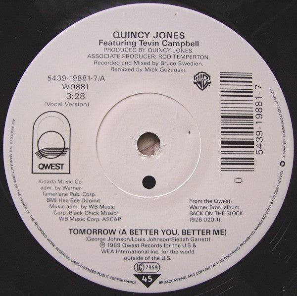 Quincy Jones : Tomorrow (A Better You, Better Me) (7")